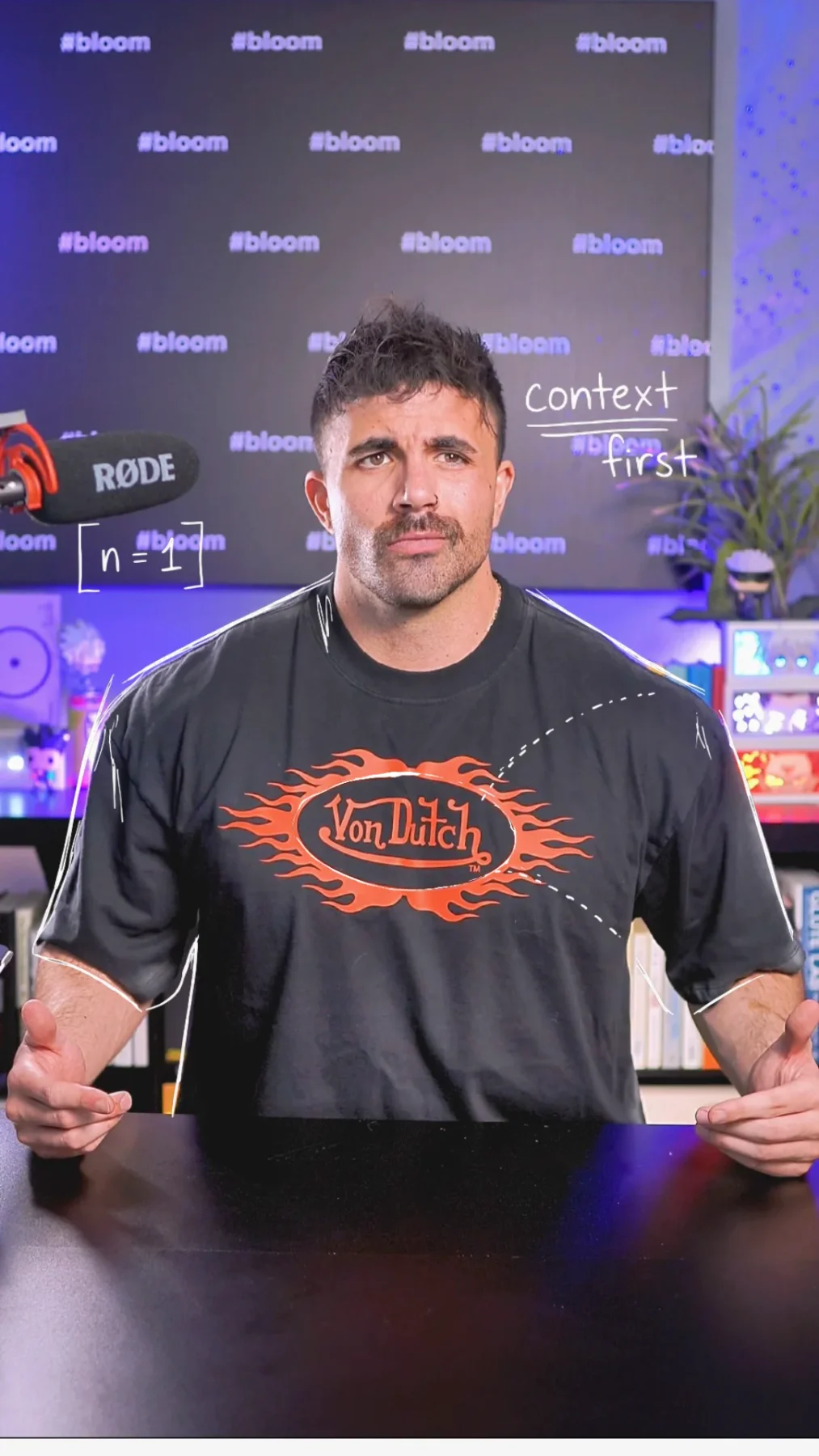 Tony in his content studio with whiteboard notes